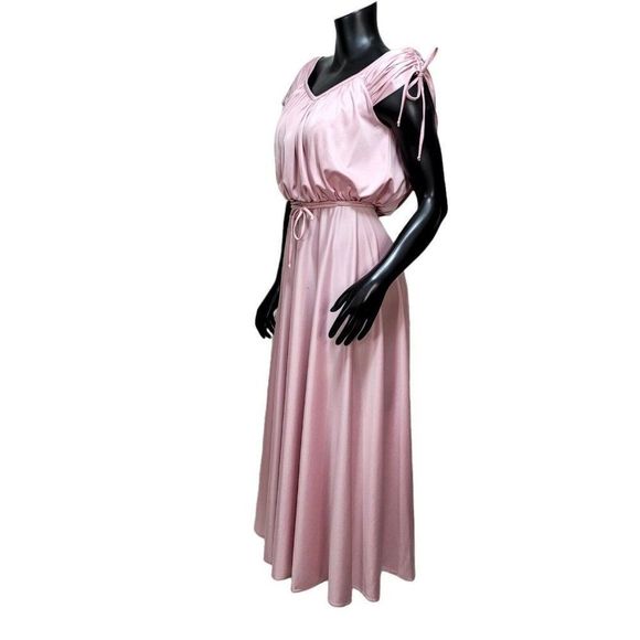 Vintage 70s Union Made Pink‎ Draped Back Cinched Shoulder Disco Dress Tie Belt - Picture 7 of 12